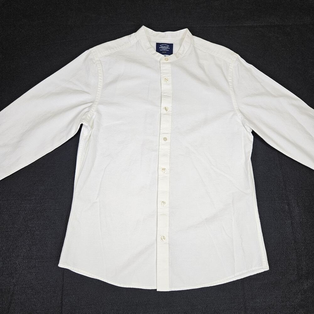 Charles Tyrwhitt Collarless Cotton Linen Shirt Men M Slim Fit White Button Front - Picture 14 of 14